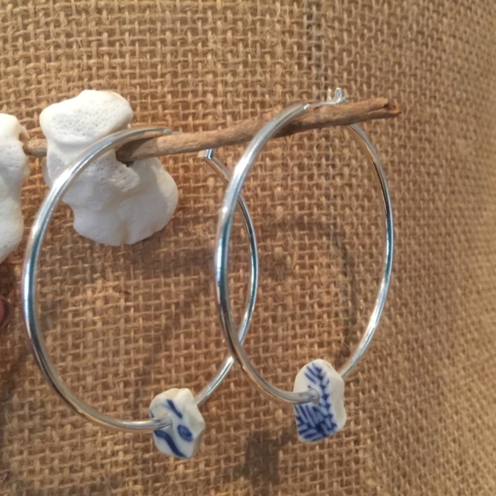 Blue & white China beach glass Hoop Earrings